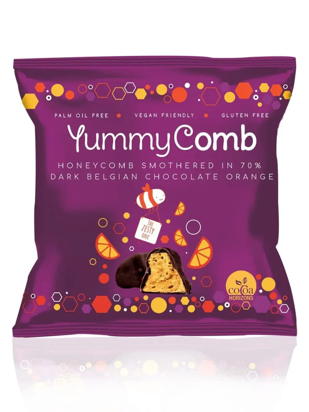 Dark Orange Chocolate Honeycomb Yummycomb. 70% dark belgian and honeycomb bite snack Packs (40g) suitable for vegans