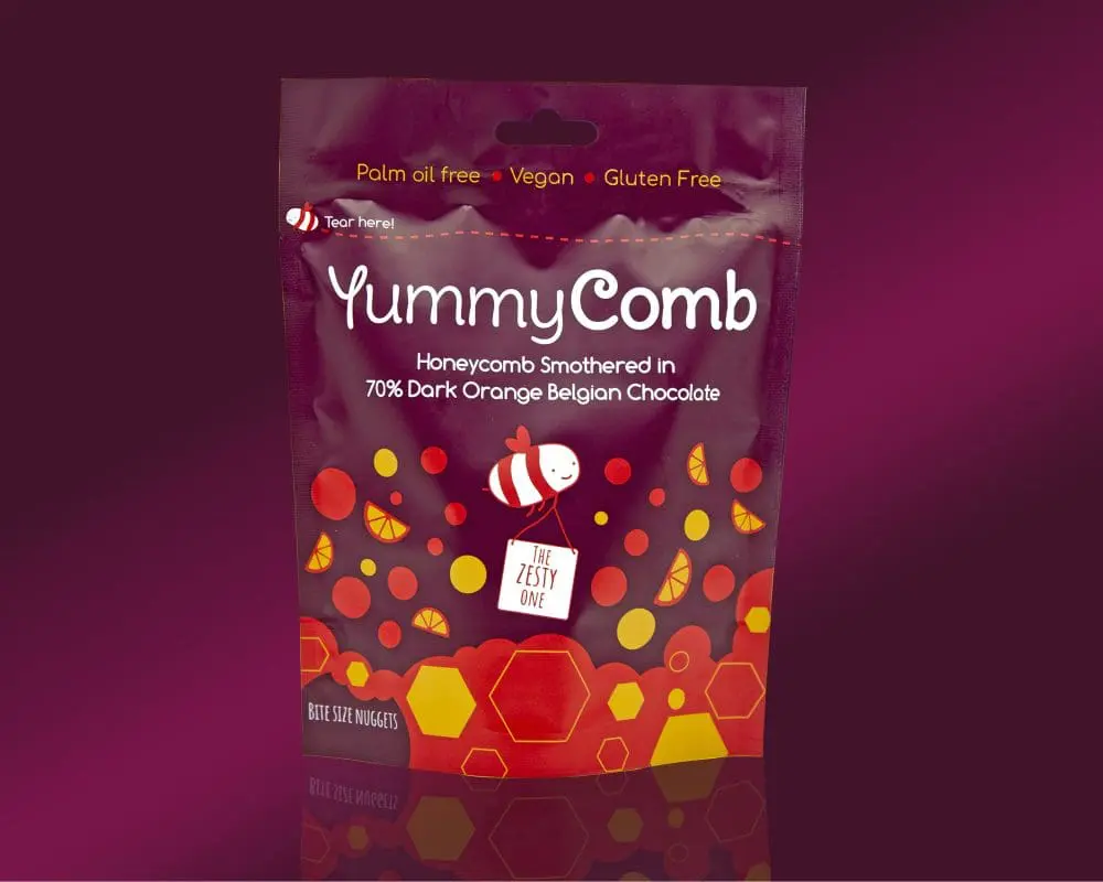 Yummycomb vegan Honeycomb bites smothered in 70% Dark Orange Belgian chocolate pouch bag 100g