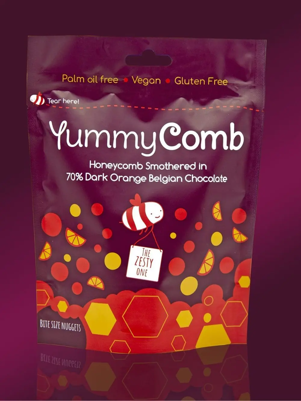Yummycomb vegan Honeycomb bites smothered in 70% Dark Orange Belgian chocolate pouch bag 100g