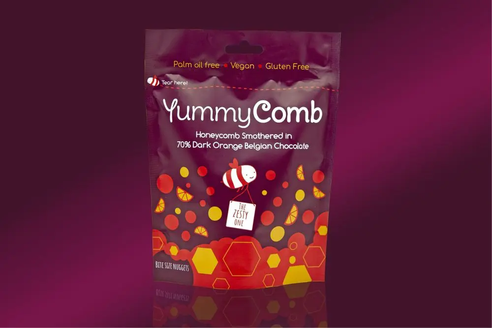 Yummycomb vegan Honeycomb bites smothered in 70% Dark Orange Belgian chocolate pouch bag 100g