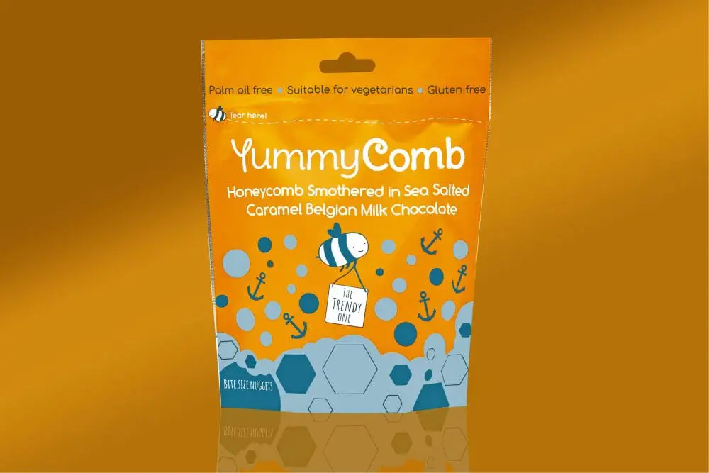 Gluten free Yummycomb Honeycomb bites smothered in Sea Salted Caramel Belgian chocolate pouch bag 100g