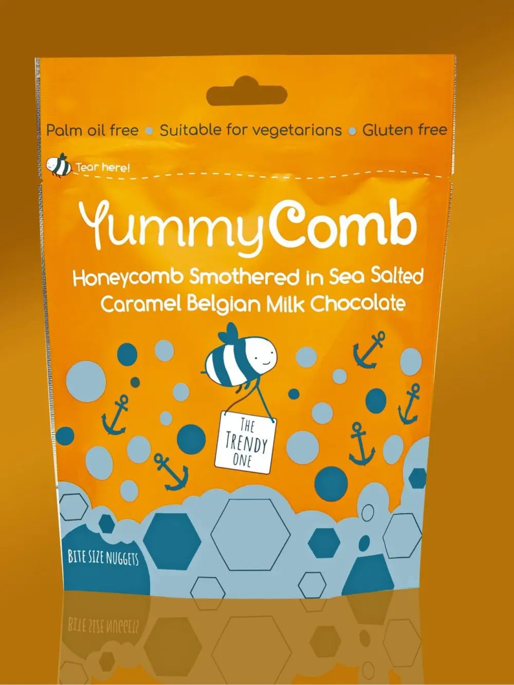 Gluten free Yummycomb Honeycomb bites smothered in Sea Salted Caramel Belgian chocolate pouch bag 100g