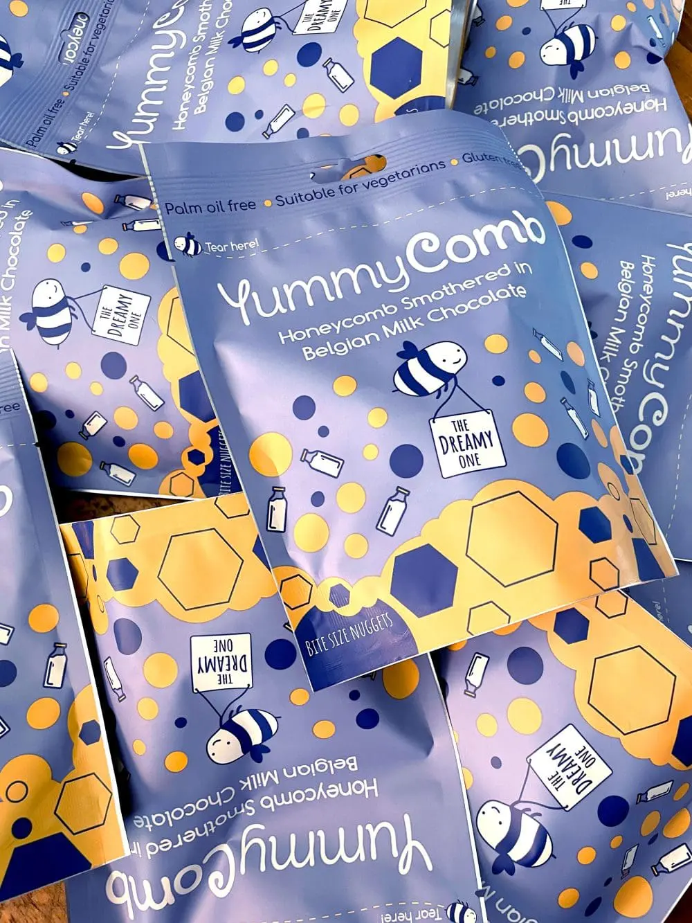 Yummycomb Honeycomb 100g pouch bag. Honeycomb smothered in premium Belgian Milk chocolate.