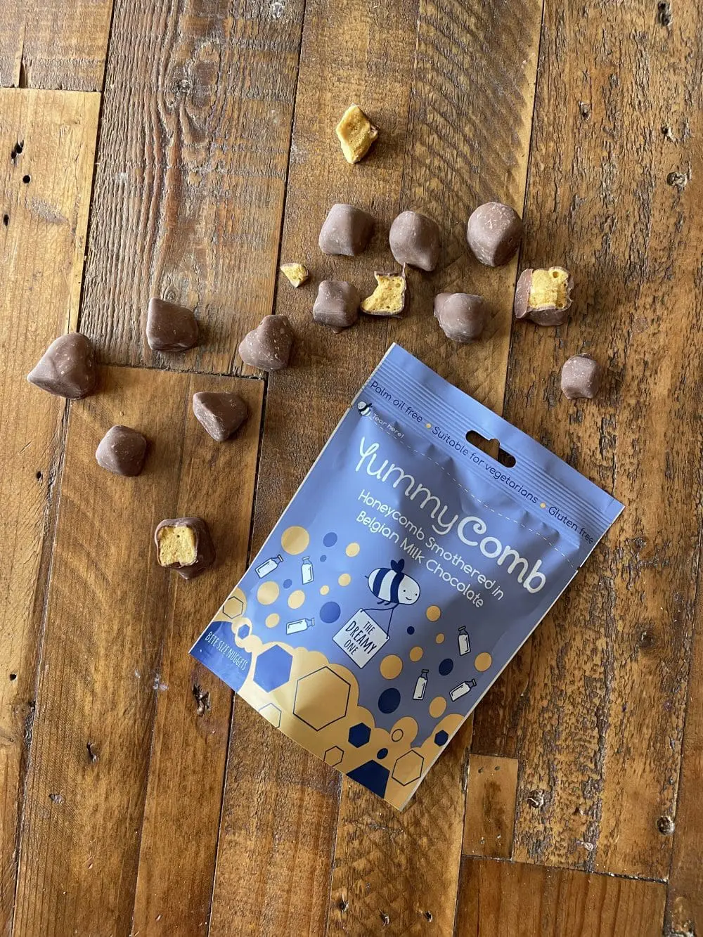 A sharing bag of Yummycombs Premium Belgian Milk chocolate coated handmade honeycomb in a Yorkshire kitchen.
