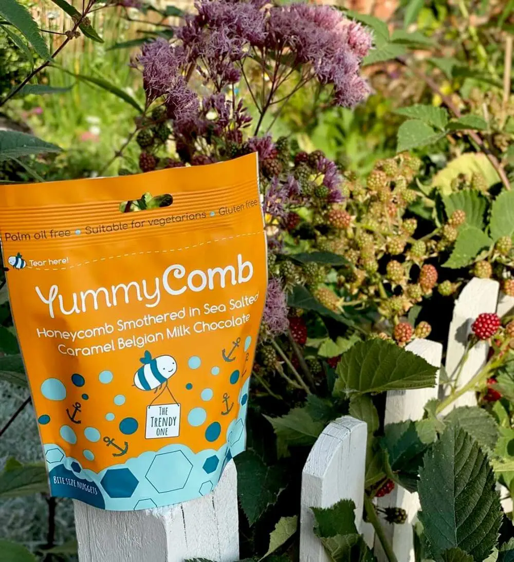 A Yummycomb sharing pouch bag of Sea Salted Caramel premium Belgian Milk chocolate by the brambles in a cottage garden in Yorkshire