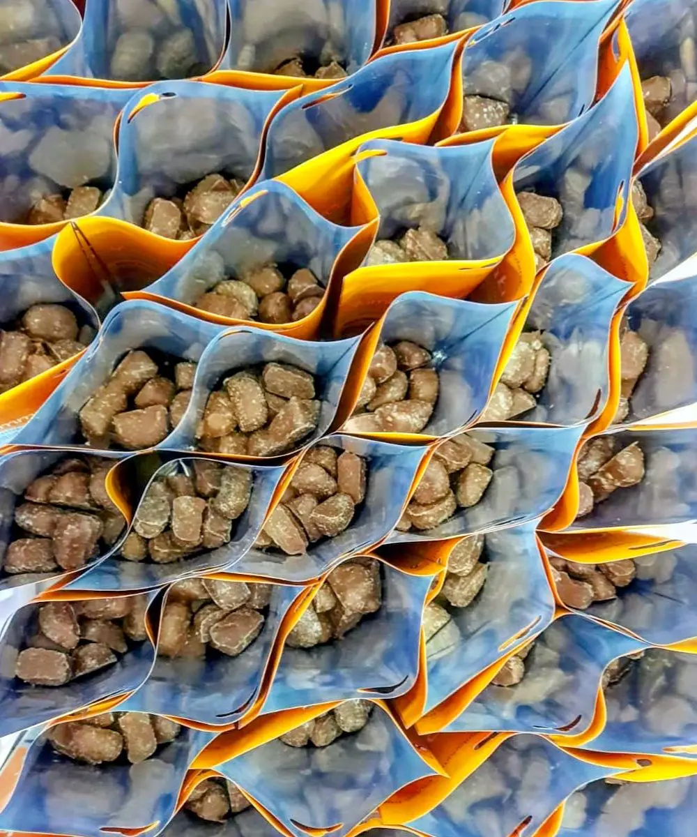 Sea Salted Caramel Belgian chocolate covered Yummcomb honeycomb in a packing station at the factory